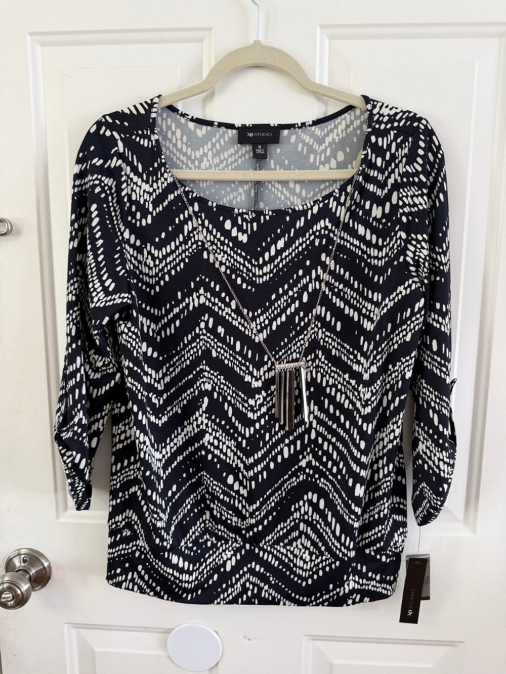 AB Studio Navy and White Chevron Dot Scoop Neck Top